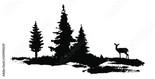 Vector composition Forest silhouette landscape. Black and white isolated elements Element for design. Young deer at the edge