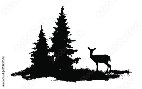 Vector composition Forest silhouette landscape. Black and white isolated elements Element for design. Young deer at the edge