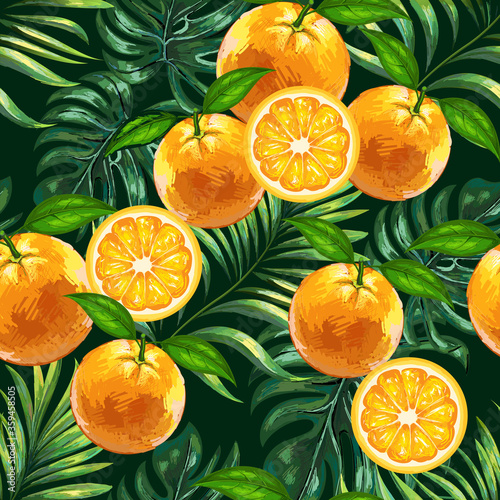 Palm leaves with citrus oranges on a tropical background. Tropical seamless background pattern. Graphic design with amazing palm trees. Realistic palm leaves. photo