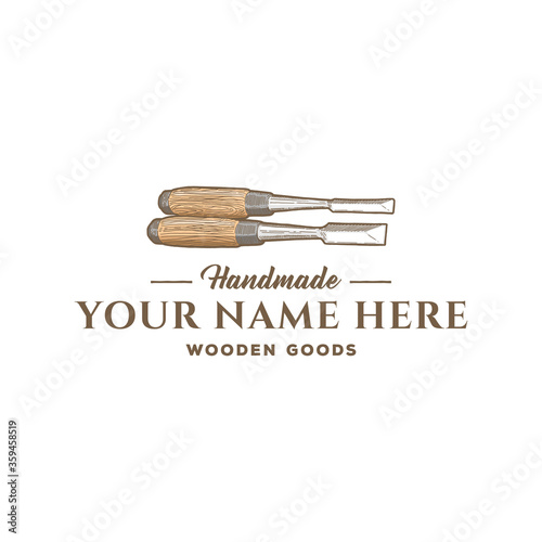 Rustic hand drawn chisel wooden goods logo template