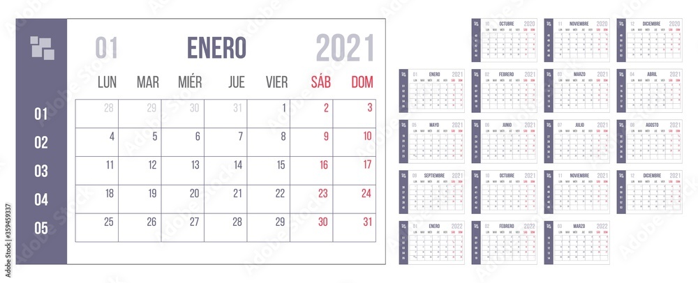 Year blue spanish calendar personal organizer set - obrazy, fototapety, plakaty 