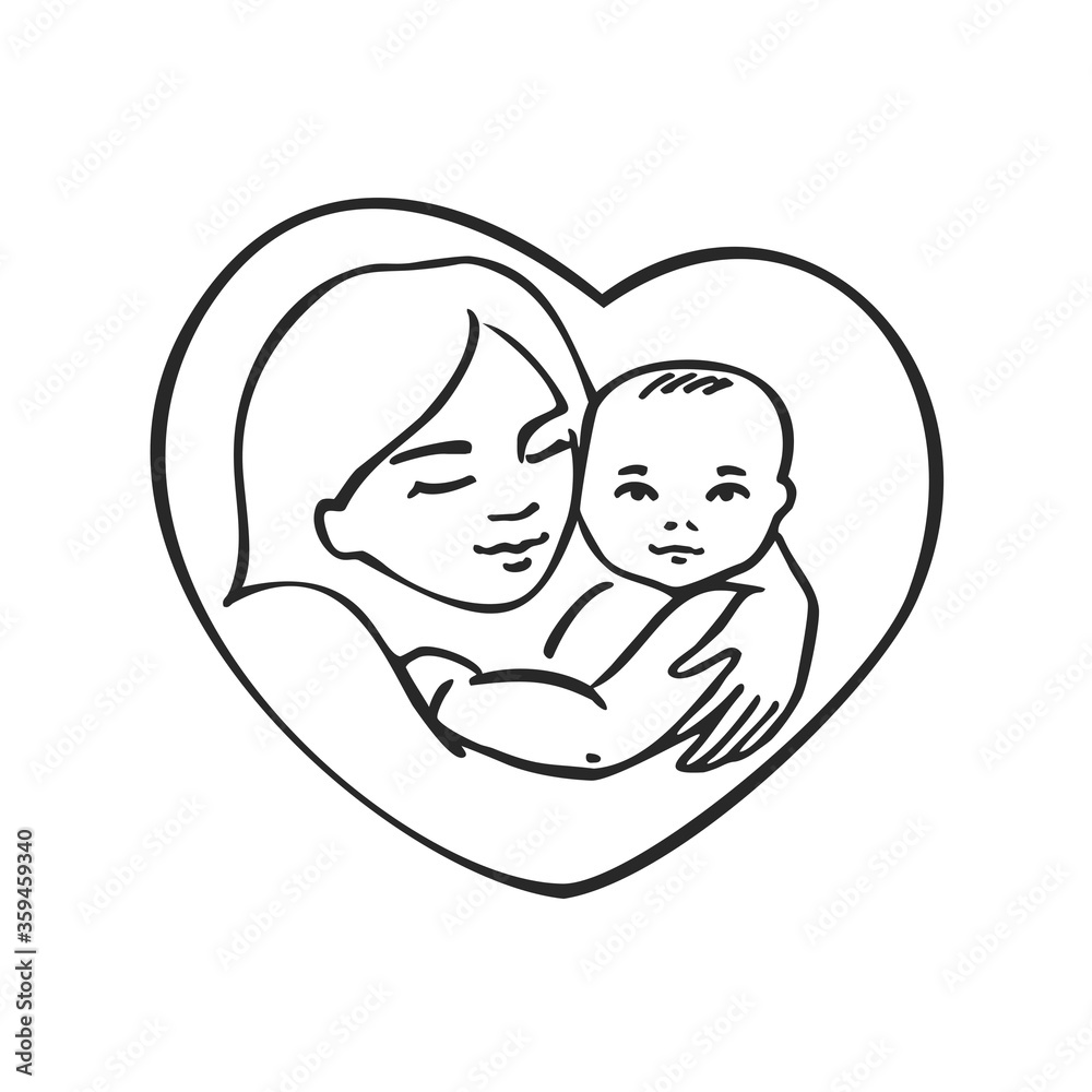 woman mom with short hair holding a newborn sleeping child drawn by a black line on a white background by hand the picture is inscribed in the heart. Vector illustration woman mom with short hair holding a newborn sleeping child drawn by a black line on a white background by hand the picture is inscribed in the heart. Vector illustration