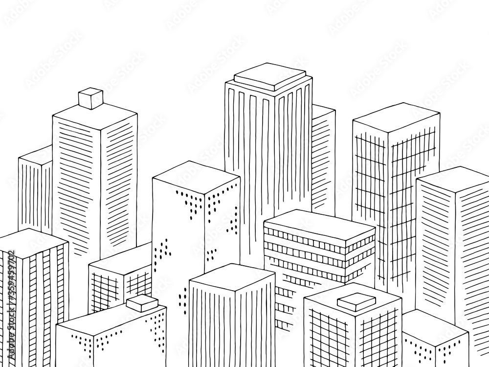 City graphic black white cityscape top view from above aerial sketch illustration vector