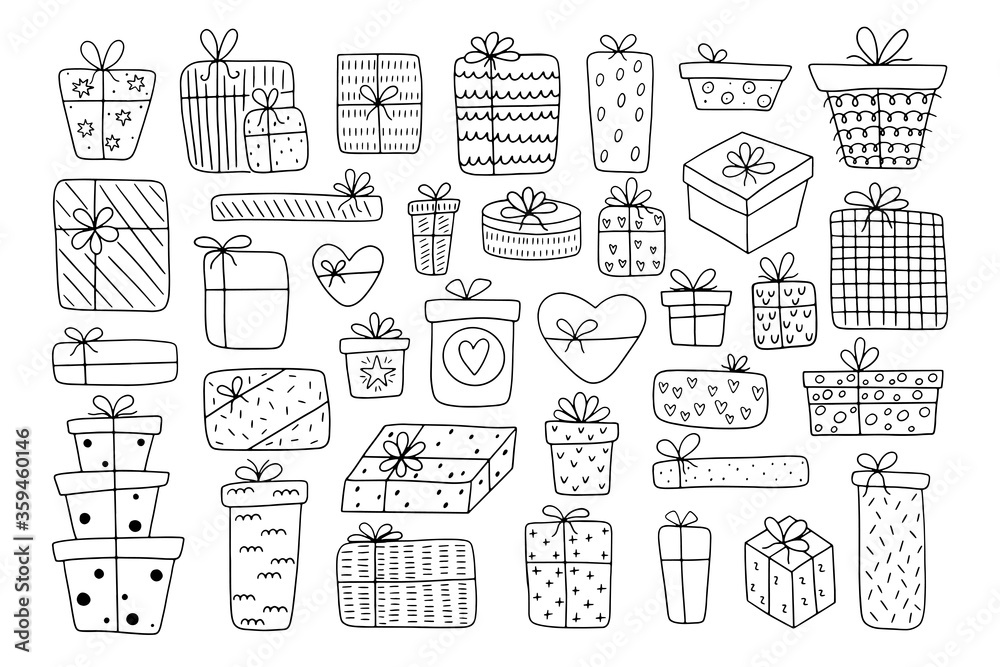 Hand-drawn different gift boxes.