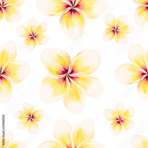 Exotic white Plumeria pattern on white background. Seamless summer tropical fabric design. Hand drawn illustration