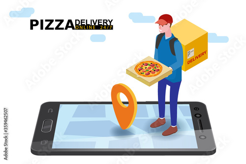 Isometry Pizza delivery courier man with package fast food pizza. Online service order, smartphone tracking