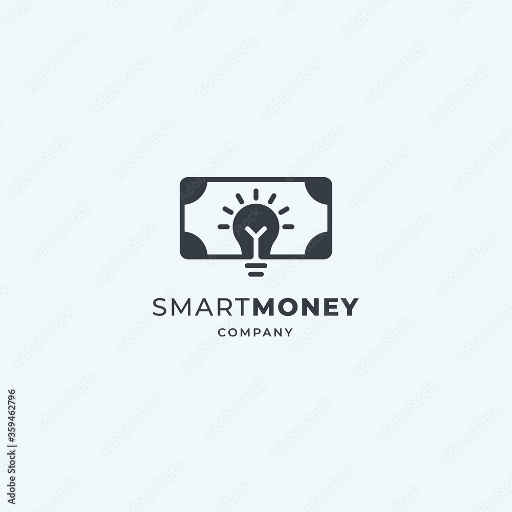 Smart money logo. Luminous light bulb with banknote. Crowdfunding, saving, investment design idea. premium vector Smart money logo. Luminous light bulb with banknote. Crowdfunding, saving, investment design idea. premium vector