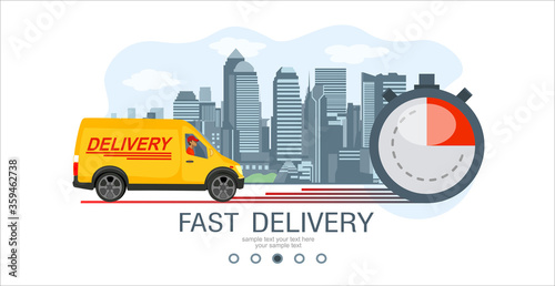 Logistics and Fast delivery of package service service landing page template. Delivery home and office. City Fast delivery. Courier on truck and stopwatch. Fast Delivery concept. Vector illustration