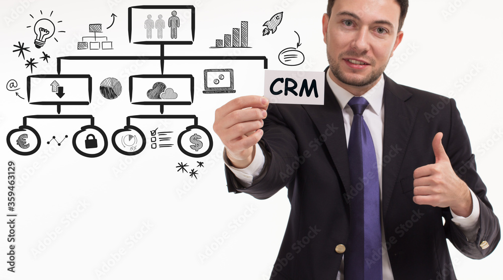 Business, technology, internet and network concept. Young businessman thinks over the steps for successful growth: CRM Business, technology, internet and network concept. Young businessman thinks over the steps for successful growth: CRM