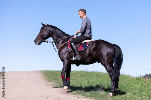 Beautiful man riding a horse on field © svetlanistaya