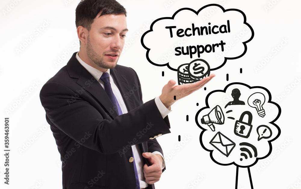 Business, technology, internet and network concept. Young businessman thinks over the steps for successful growth: Technical support Business, technology, internet and network concept. Young businessman thinks over the steps for successful growth: Technical support