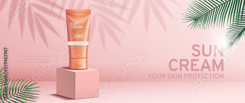 Sunscreen cream banner ads on square stage with tropical leaves
