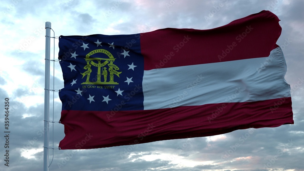 Naklejka premium Flag of Georgia waving in the wind against deep beautiful clouds sky. 3d rendering