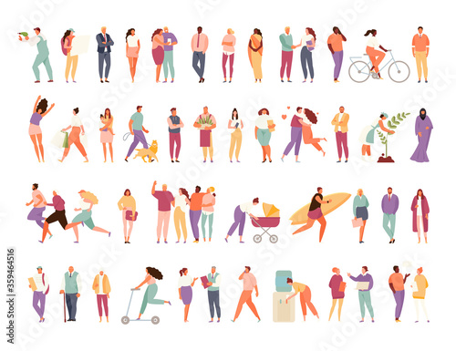 Big set of a group of people with different activity. Family and friendship, work and leisure. Vector characters isolated on a white background