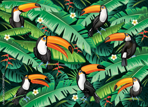 Tropical background from tropical flowers and toucans