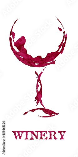 Winery and shape of wineglass graphic design on white background. Red abstract imprint, watercolor stain, grunge texture. Vector template illustration of winery business, restaurant, event invitation.