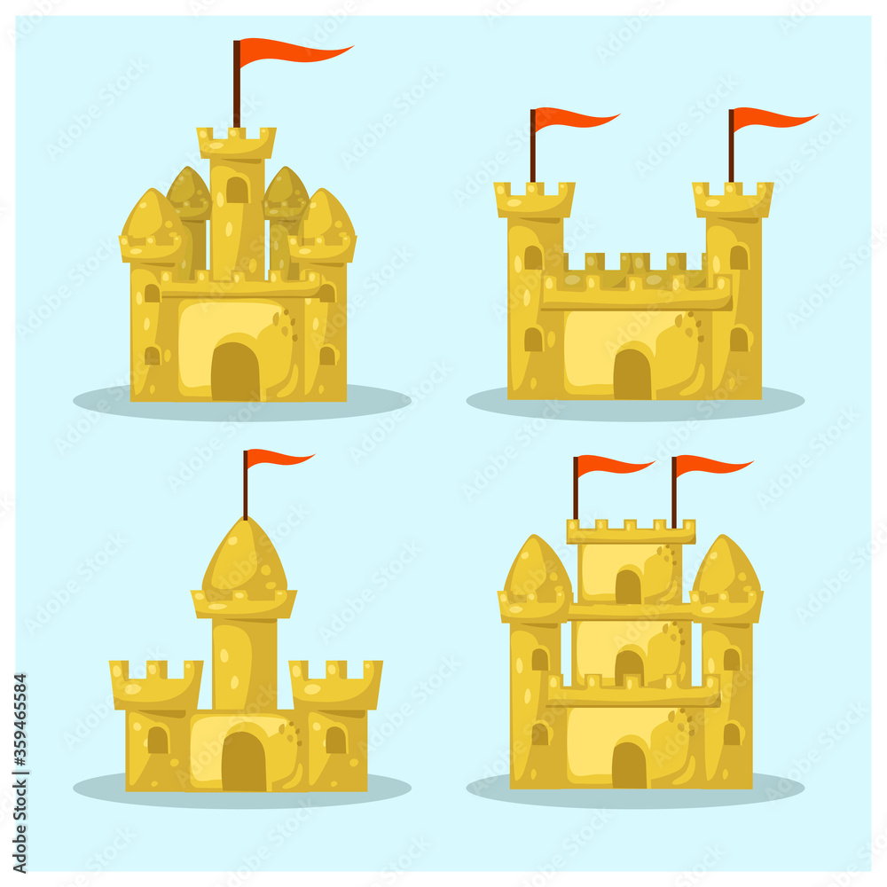 Set of different shapes Beach sandcastle. Summer cartoon collection. Vector illustration.