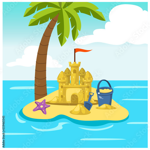 cartoon illustration of sand castle,children sandpit toys,sea ,beach ,island ,plam tree ,starfish.vector illustration