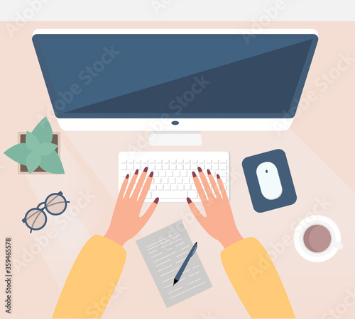 Top view of desktop. Workplace in office or workplace at home. Work in a team. Work activity. 