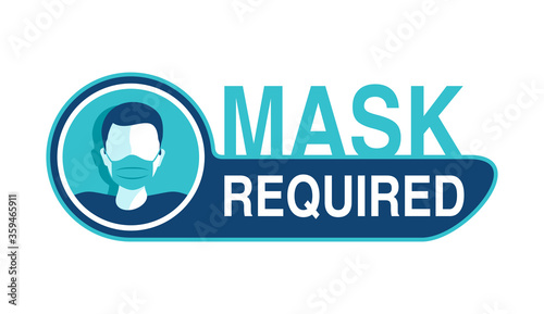 Mask required warning prevention sign - human profile silhouette with face mask in creative rounded frame - isolated vector information picture photo