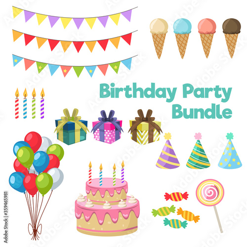 Cartoon birthday party bundle. colorful balloons and birthday gifts. Delicious dessert cakes. Delicious Ice cream. Sweet candy. solated vector illustration set.