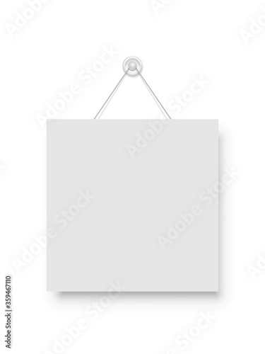 Realistic empty blank signboard white square hanged on suction cup. Round shape sign frame template hanging on wall. Price tag mockup. Advertisement, promotion isolated on white background.