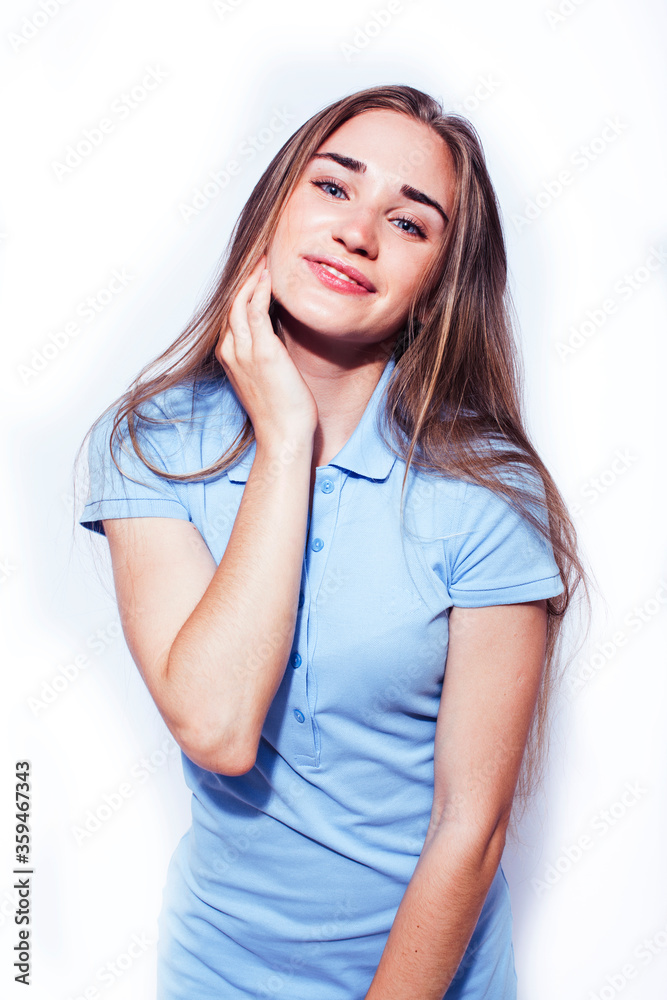 young pretty teenage hipster girl posing emotional happy smiling on white background, lifestyle people concept young pretty teenage hipster girl posing emotional happy smiling on white background, lifestyle people concept