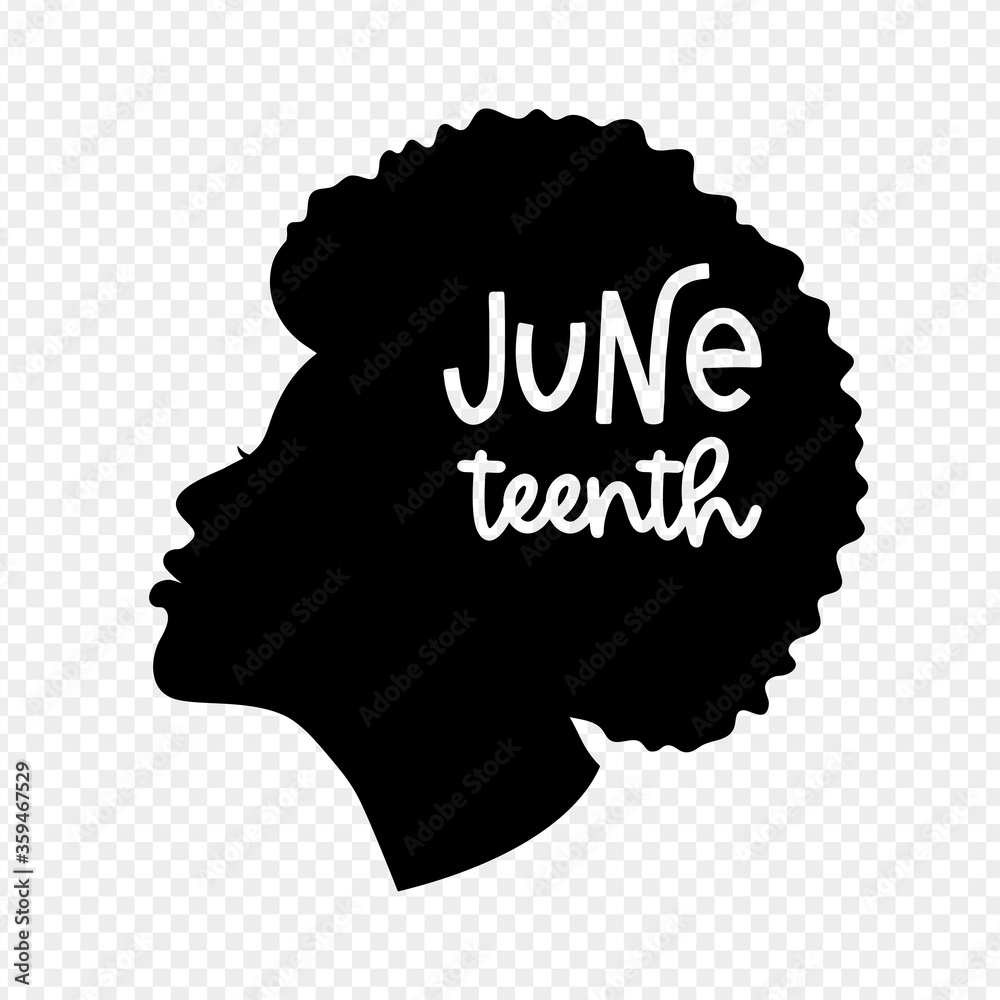 Black girl profile silhouette with a ring earring for Juneteenth holiday. Lettering. Vector design of a proud black girl.