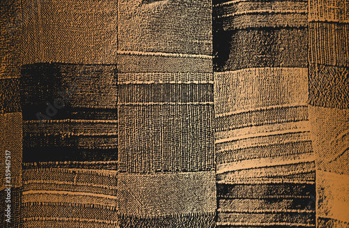 Distressed overlay texture of golden weaving fabric, knitted blanket with tartan ornament. grunge background.