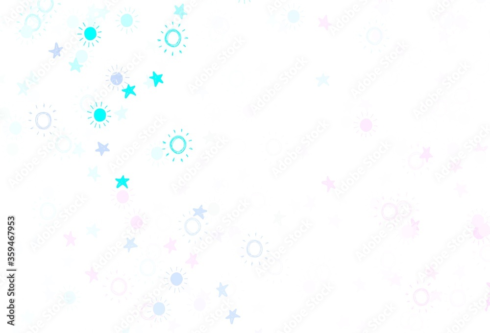 Light Pink, Blue vector backdrop with bright stars, suns. Light Pink, Blue vector backdrop with bright stars, suns.