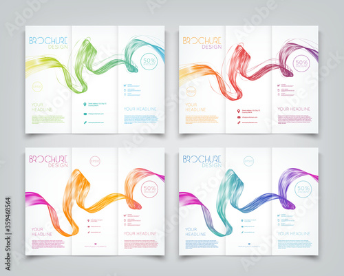 Collection of vector tri-fold brochure design templates with colorful wave swirl background