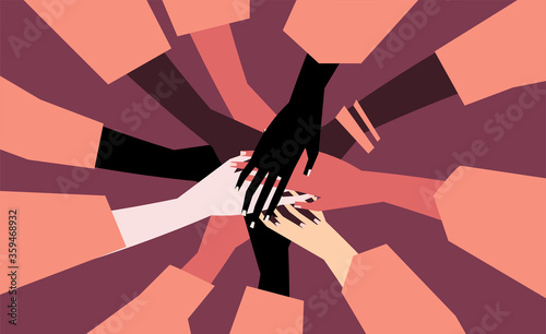 Human hands with different skin color stacked together for support. Group, unity, race equality, tolerance concept art in minimal flat style. Vector illustration card.