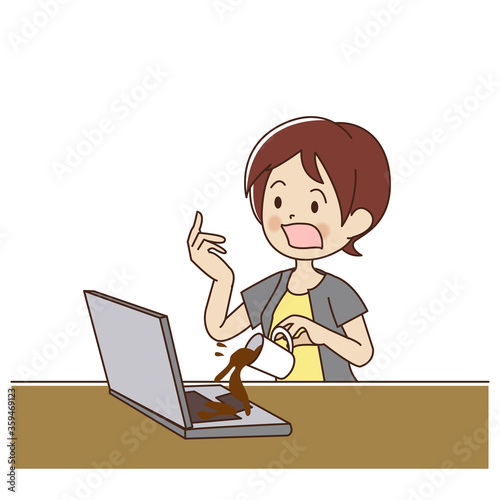 Business woman spilled coffee on her laptop by mistake. cartoon vector