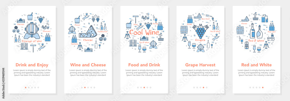 Vertical five banners with line concept of winemaking - wine and cheese