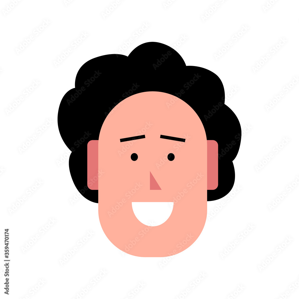 Vector illustration of young smiling man. Portrait of handsome cheerful male face. Avatar, profile, ID picture of a young person. Human head illustration with curly hairstyle Vector illustration of young smiling man. Portrait of handsome cheerful male face. Avatar, profile, ID picture of a young person. Human head illustration with curly hairstyle