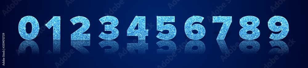 Blue numbers with reflection and shadow in royal style isolated on background. Template for invitation card and sale banner. Holiday decoration. Vector