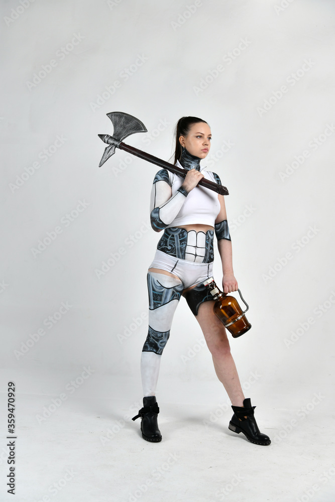 beautiful girl in a robot suit with a battleaxe and an old wine in hand beautiful girl in a robot suit with a battleaxe and an old wine in hand
