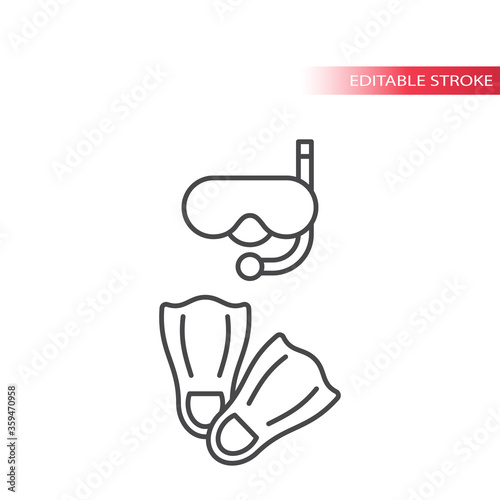 Snorkel and flippers thin line vector icon. Scuba diving equipment outline, editable stroke icons