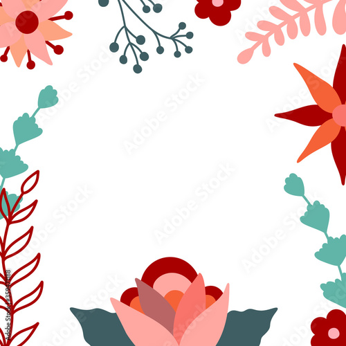 Floral frame. Vector decorative square frame with stylised flowers. Decoration in naive Scandinavian style. © Anastasia