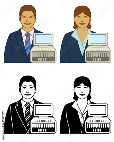 set of court reporter, stenographer, law reporter vector icons male and female, with stenographic machine, isolated on a white background