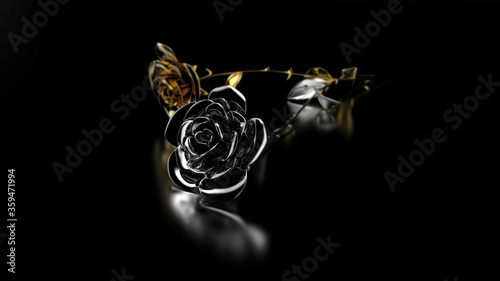 Two Beautiful Gold and Platinum Roses. Arrangement, ceremony. Black Background. 3D rendering