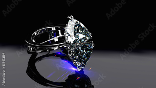 Luxury Engagement Platinum Ring with Two Solitaire Blue Fancy Trillion Shape Diamonds. Isolated on Black background. 3D Rendering