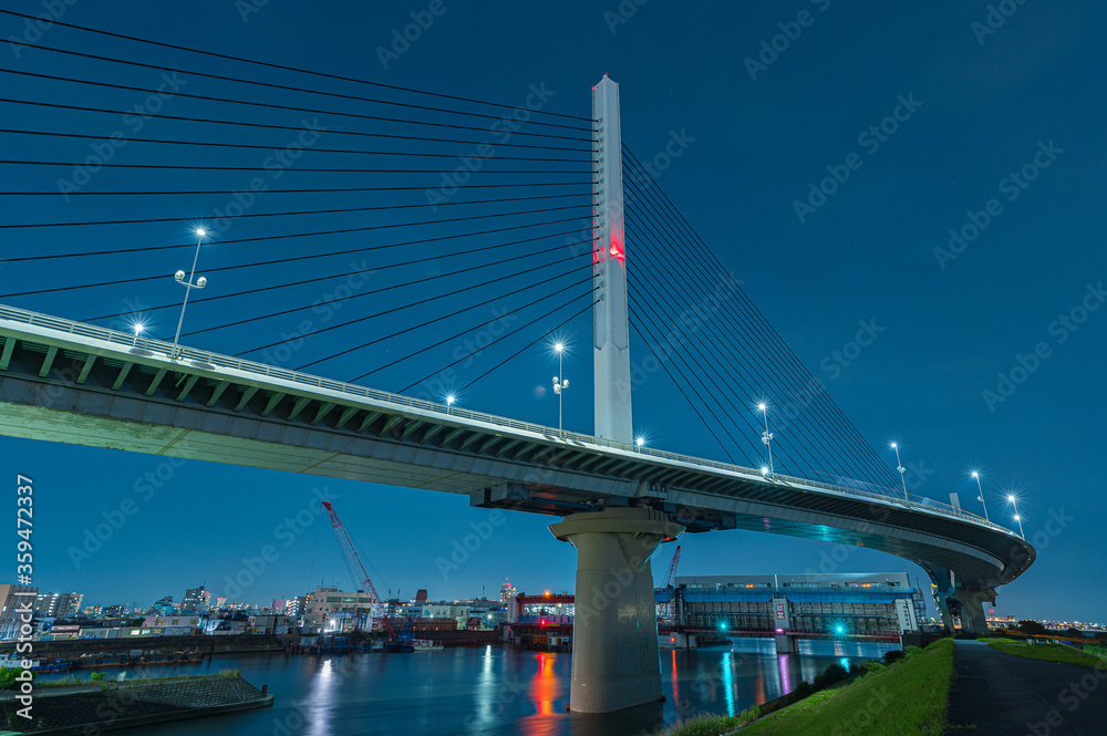 Modern bridge night, day and light red