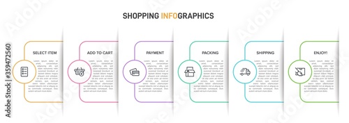 Concept of shopping process with 6 successive steps. Six colorful graphic elements. Timeline design for brochure, presentation, web site. Infographic design layout.