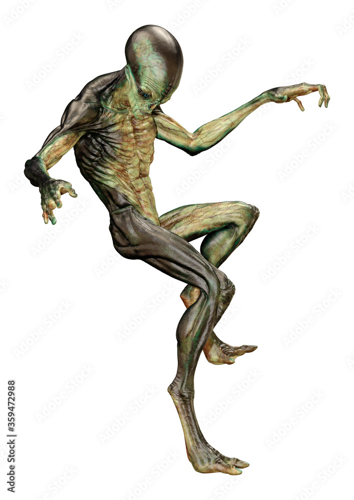 3D Rendering Green Alien on White 3D Rendering Green Alien on White