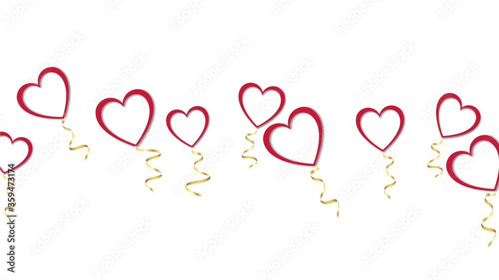 Beautiful abstract texture of red balloons in the shape of hearts with shadows and a golden ribbon for Happy Valentine's Day on a white background. Vector illustration. Concept: love