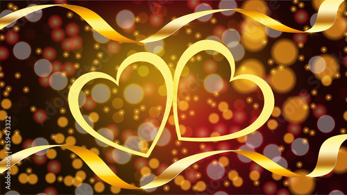 Beautiful abstract texture of shiny yellow love hearts with golden ribbons on Happy Valentine's Day in the background with bokeh effect and glowing lights and copy space. Vector illustration