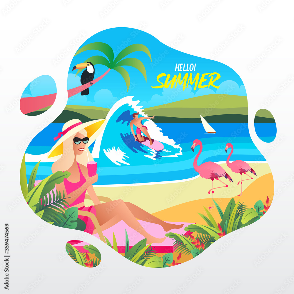 Hello Summer greeting card with girl, surfer, flamingo, palm tree on beach background vector illustration
