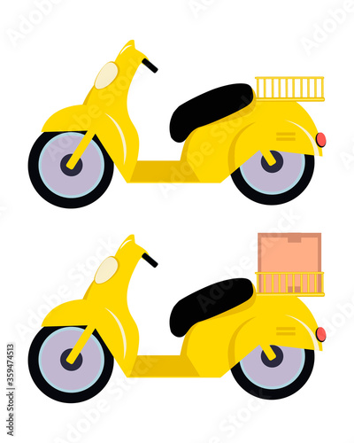 Yellow moped with an empty basket and moped with a basket in which the package is located on white background. Set of two yellow mopeds. Bike scooter delivery concept. Vector illustration.
