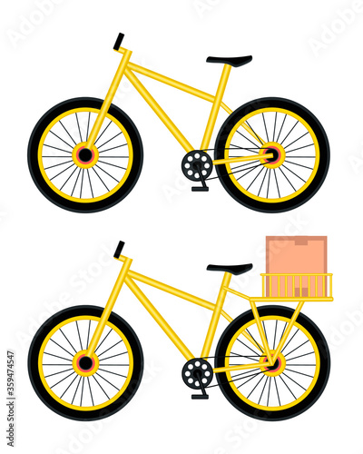 Yellow bicycle with a basket in which there are boxes of pizza on white background. No-contact food delivery riding vector concept. Contactless delivery service online takeout orders illustration.